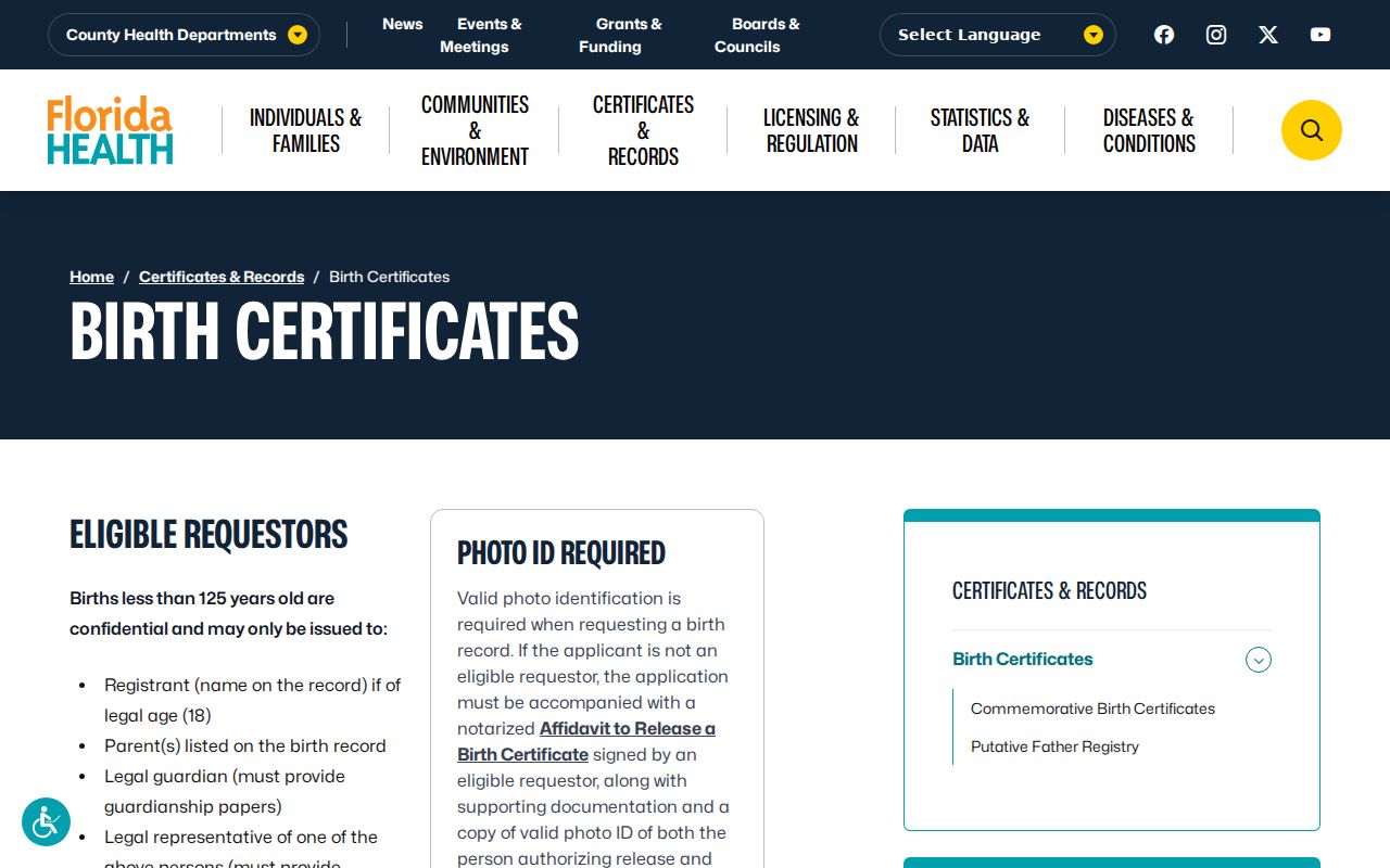 West Melbourne previous residents Florida birth certificate access