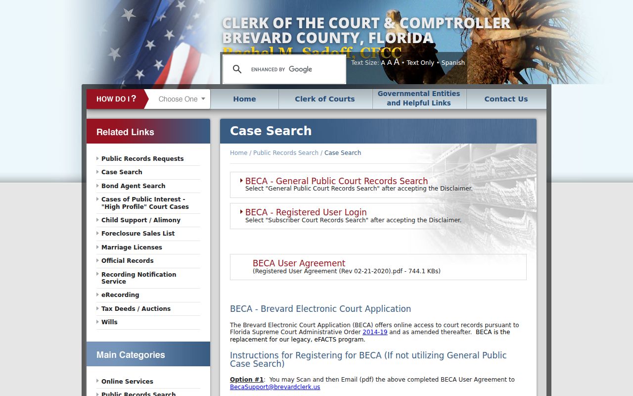 Brevard Clerk BECA court search access page for a West Melbourne resident lookup