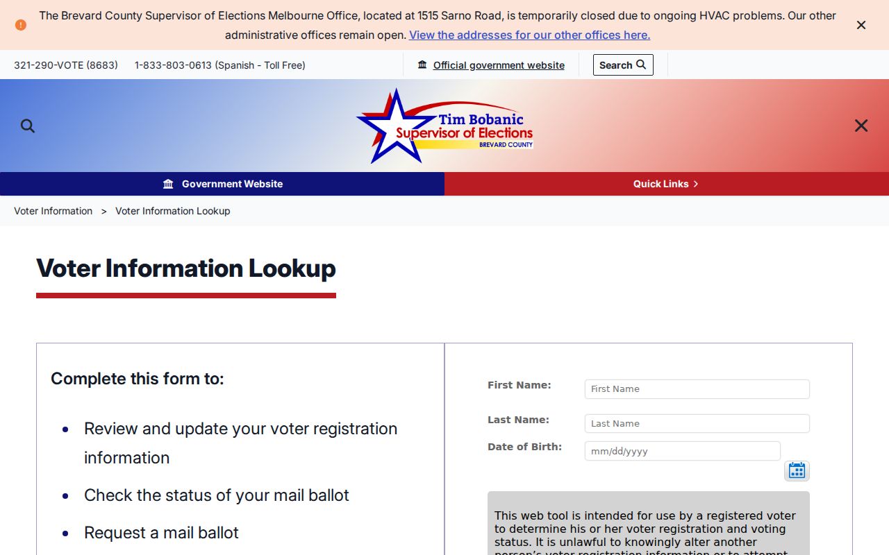 Brevard County voter status screen used for an individual West Melbourne lookup